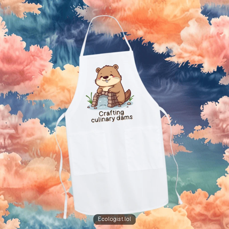 Funny apron featuring a diligent beaver with a concentrated, happy look, building an intricate dam, ideal for workshop or kitchen tasks.