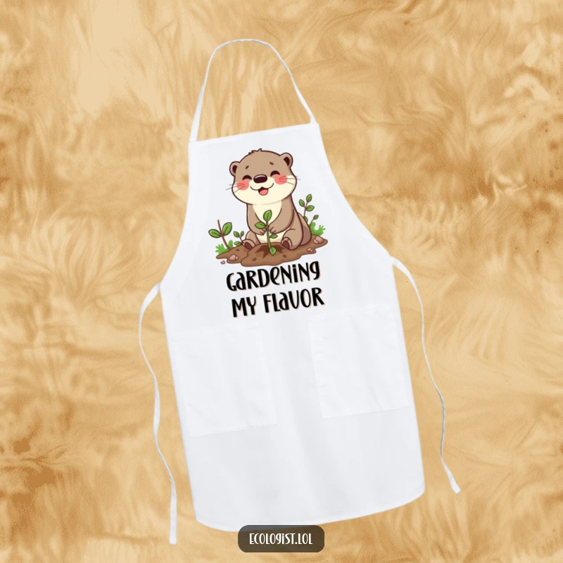 Funny apron showing a happy otter character with a broad smile planting a sapling, ideal for kitchen or garden duty with a humorous twist.
