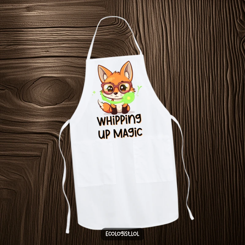 Funny apron featuring a curious fox in large spectacles, intently examining swirling green energy, ideal for kitchen experiments with flair.