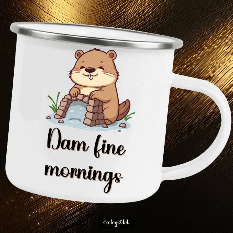 Funny camping mug featuring a diligent beaver with a concentrated, happy face, building an intricate dam, perfect for outdoor projects.