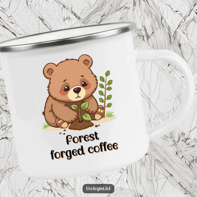 Funny bear cub camping mug, a determined cub planting a sapling, perfect for outdoor adventures with a humorous twist.
