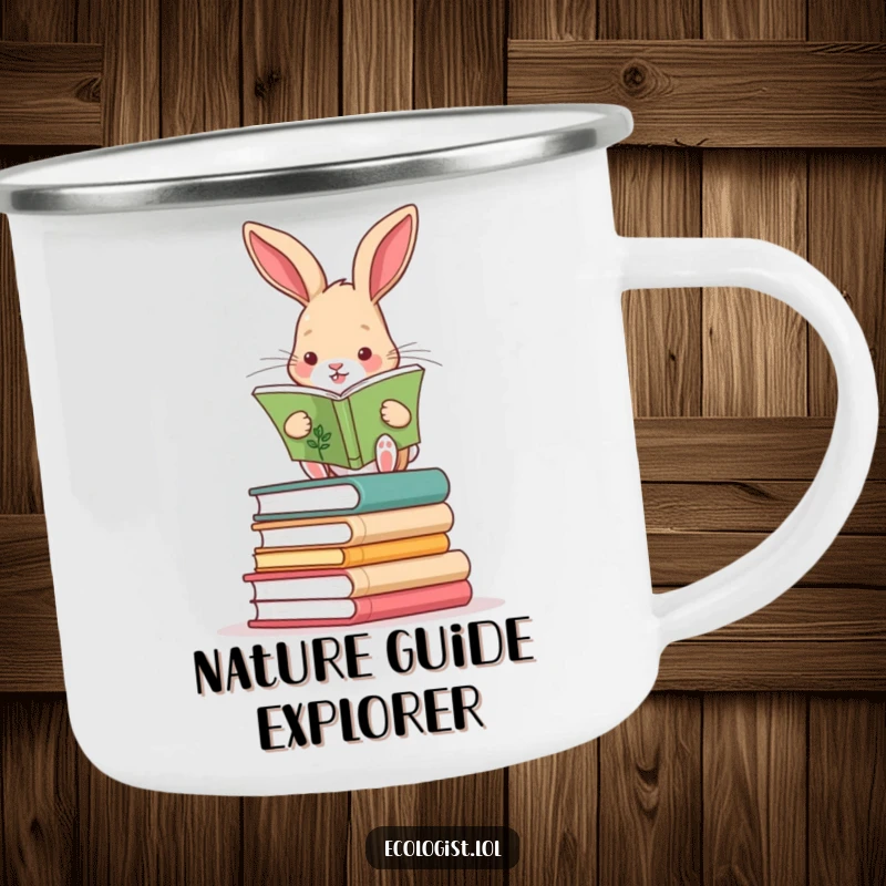 Funny rabbit balancing on stacked books, reading a plant guide on a sturdy camping mug for outdoor learning.