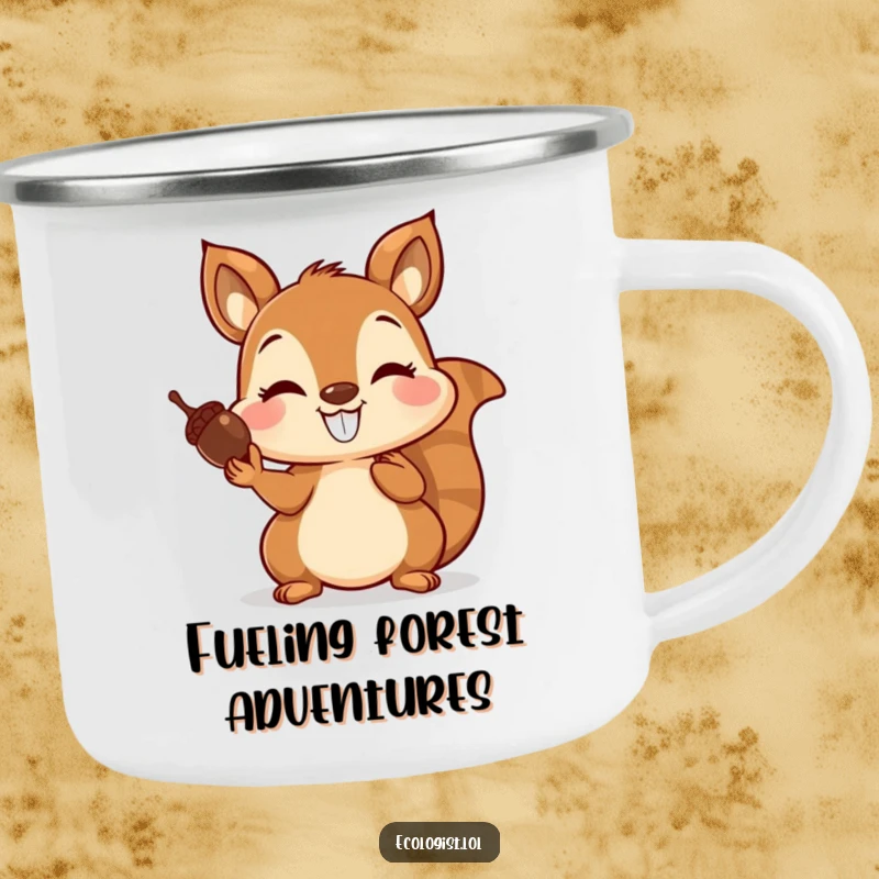 Funny camping mug featuring a joyful squirrel with a grin, balancing acorns on its nose, perfect for outdoor beverages.