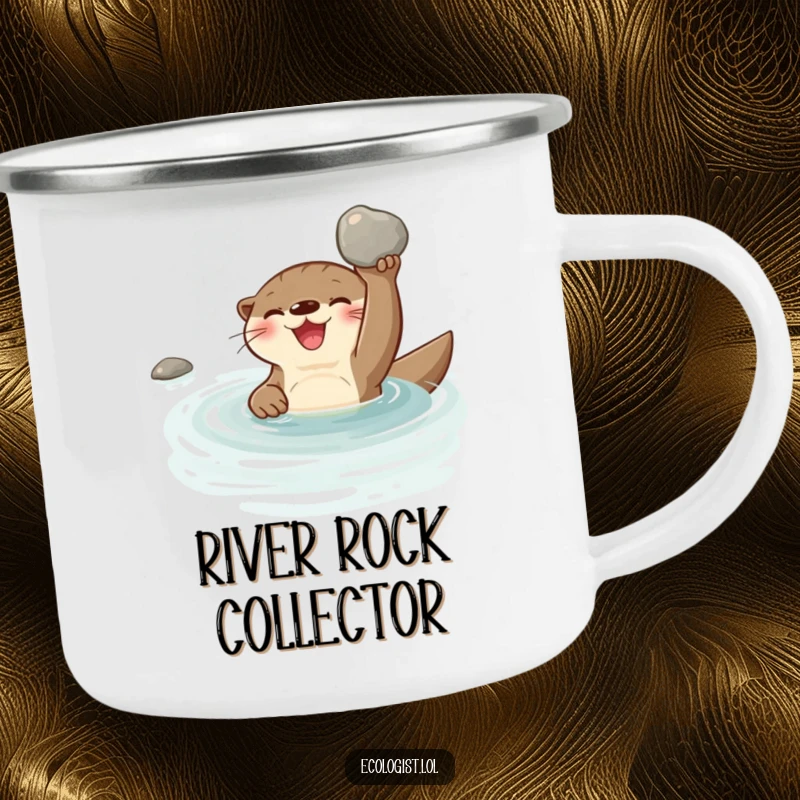 Funny joyful otter swimming in a clear stream, holding a shiny clean pebble on a sturdy camping mug.