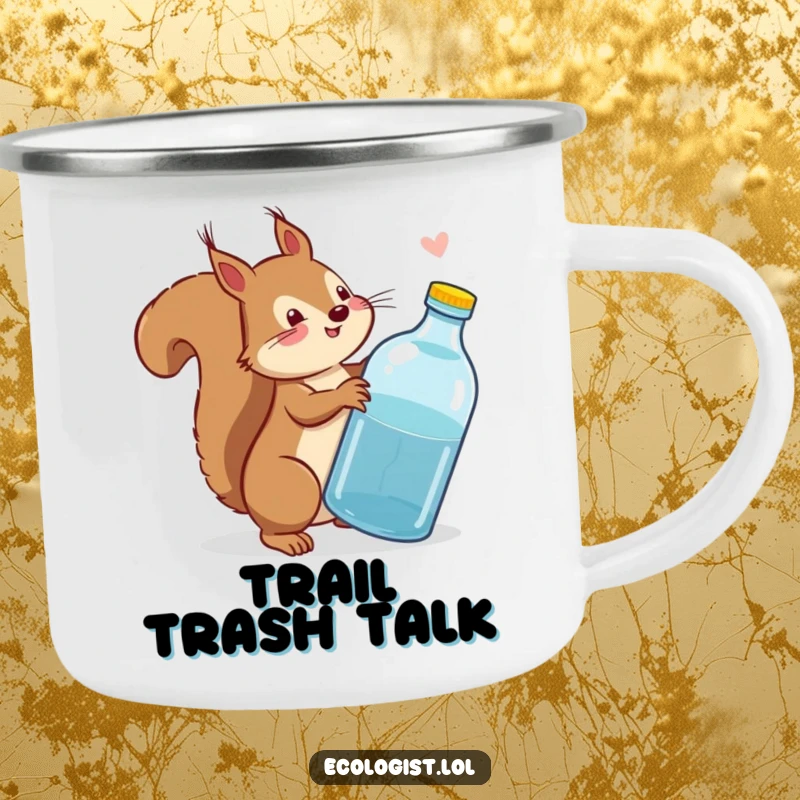 Funny squirrel scolding a plastic bottle on a sturdy camping mug, bringing eco-humor to outdoor activities.
