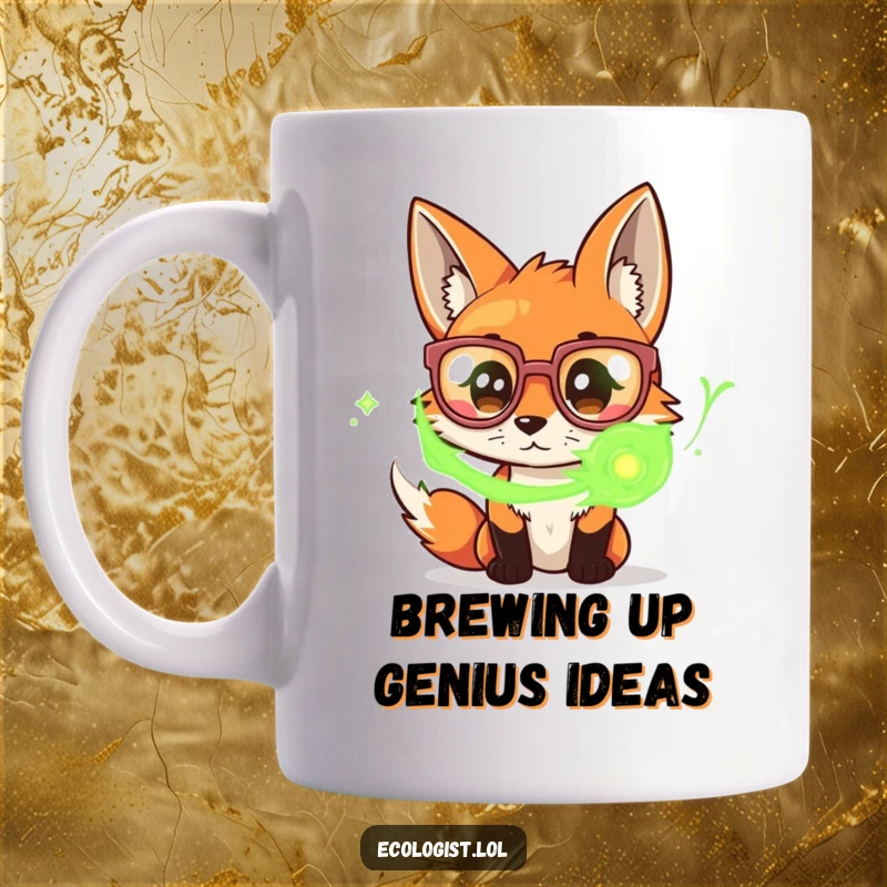 Funny mug with a curious fox wearing oversized glasses, intensely examining swirling green energy, representing intellect and mystery.