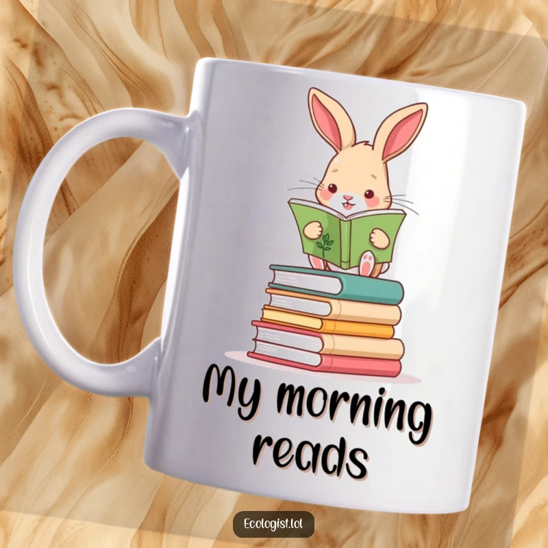 Funny rabbit balancing precariously on stacked books, reading a plant guide, a humorous mug for book lovers.