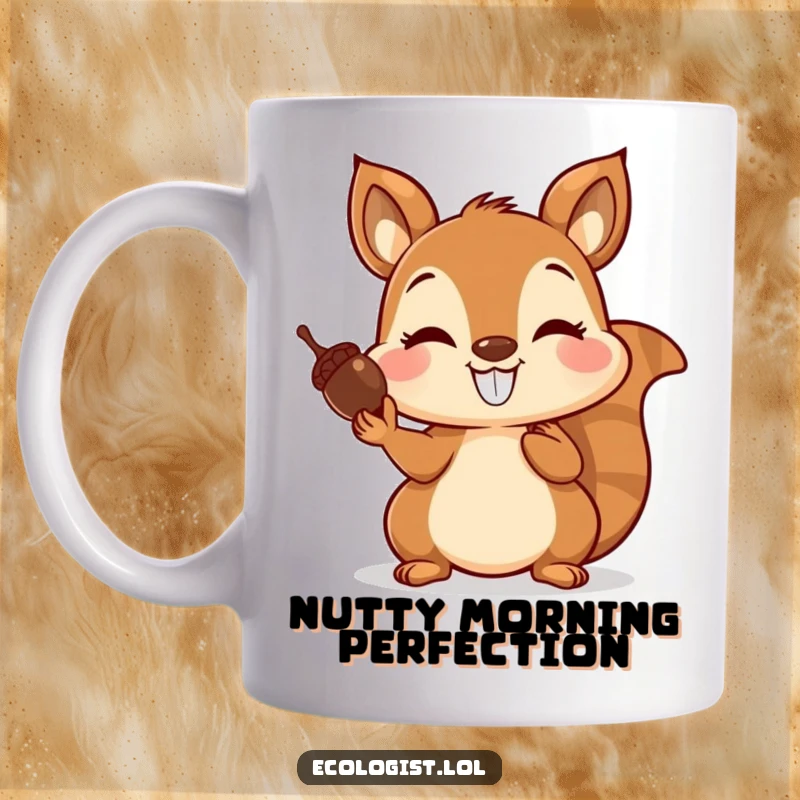 Funny mug featuring a joyful squirrel with a huge grin, skillfully balancing a stack of acorns on its nose, embodying playful determination.