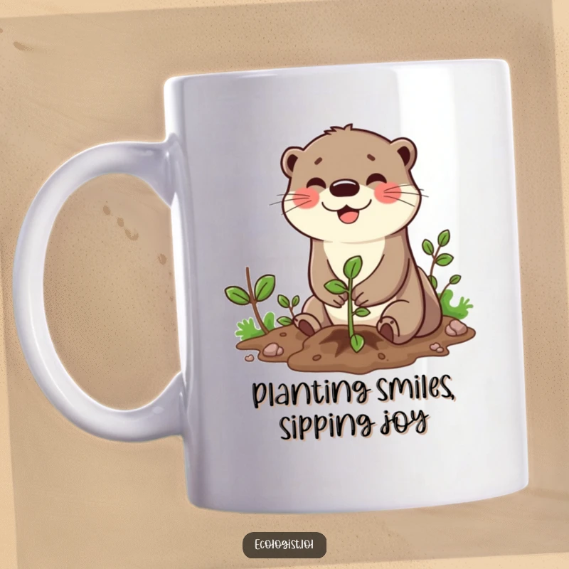 Funny mug featuring a cheerful otter character with a broad smile planting a small sapling with its tiny hands, embodying eco-friendly joy.