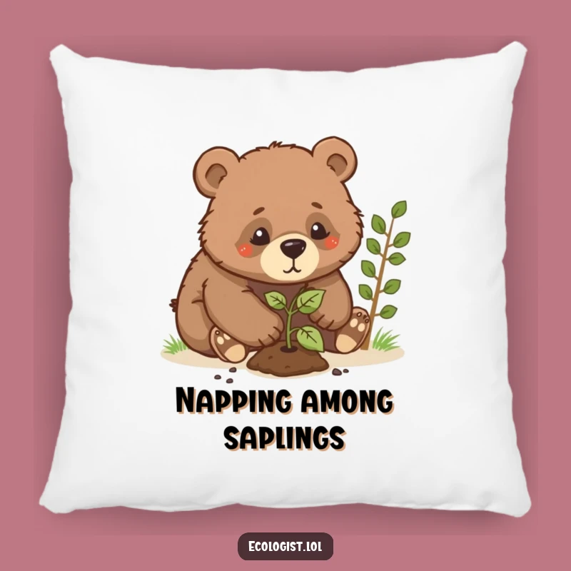 Funny Bear Cub Planting Sapling Pillow: Comfy Humor for Your Couch
