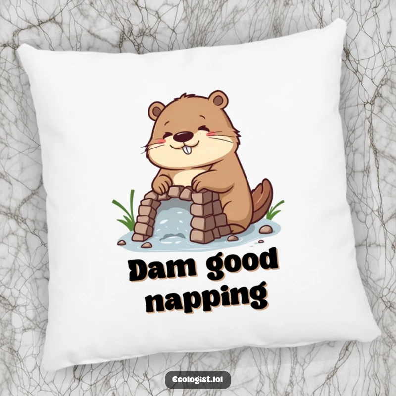 Funny pillow showcasing a diligent beaver with a concentrated, happy expression, building an intricate dam, perfect for cozy focus.