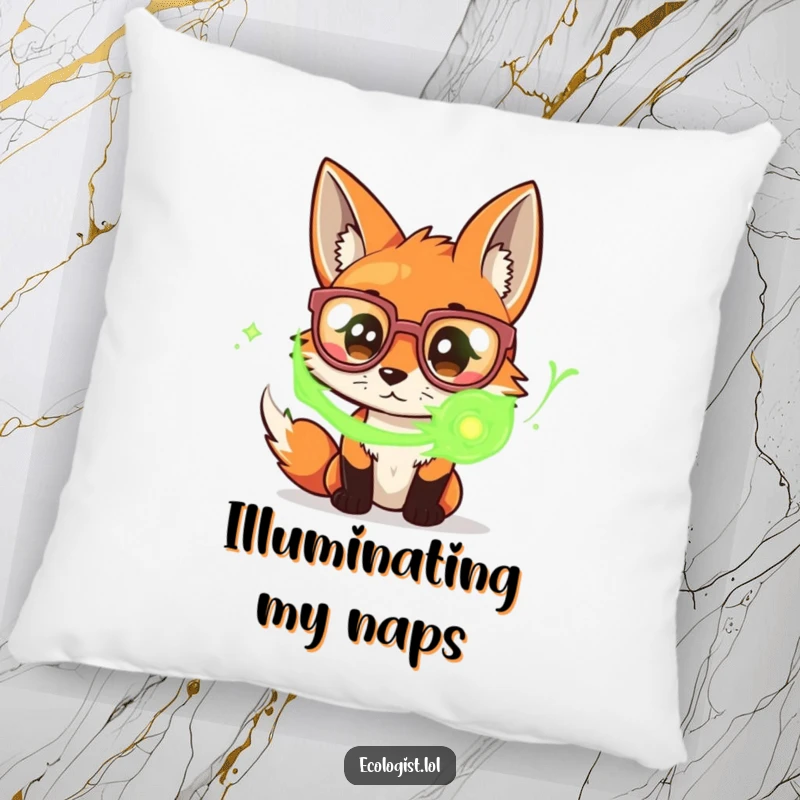 Funny pillow showcasing a curious fox in giant glasses, peering intently at a swirling vortex of green energy, offering cozy contemplation.