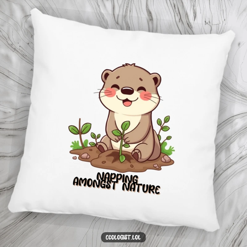 Funny pillow featuring a joyful otter character with a wide grin planting a small tree sapling, adding a touch of nature's cheer.