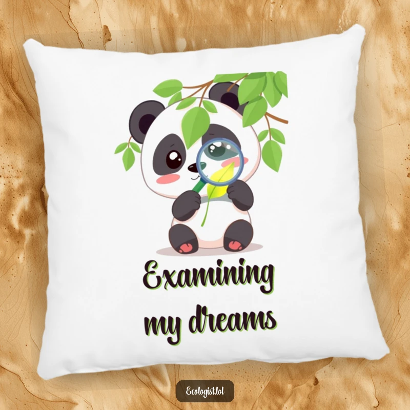 Funny panda pillow with a cute character examining a glowing leaf with a magnifying glass with curiosity, offering cozy and humorous home decor.