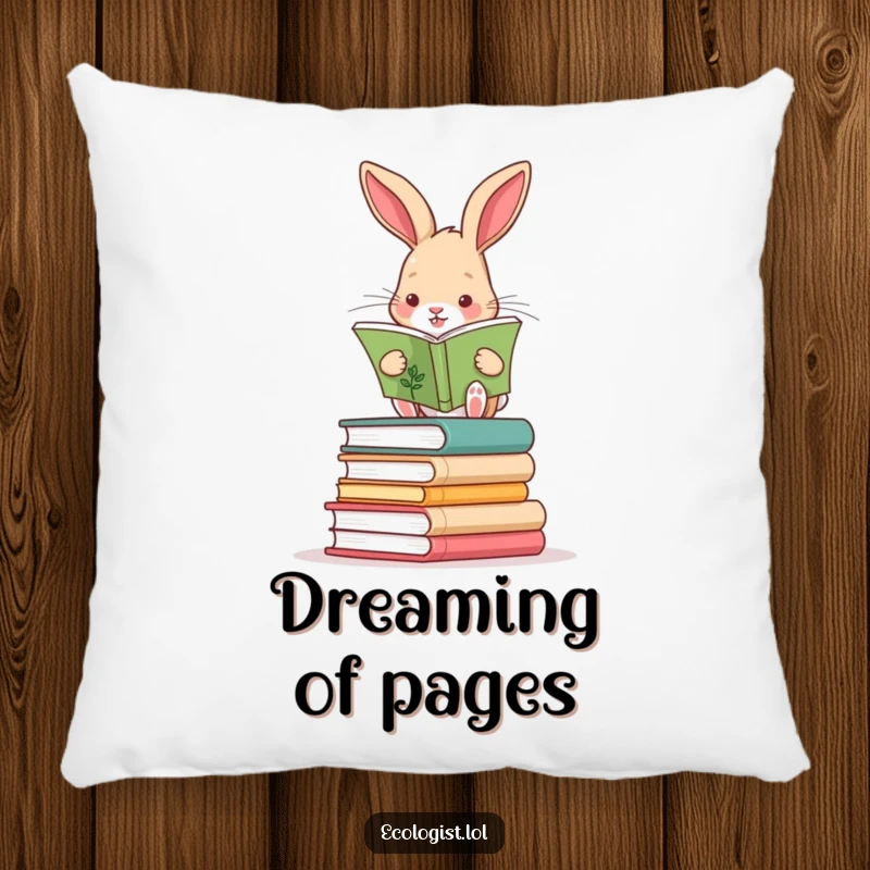 Funny rabbit balancing on stacked books, reading a plant guide, on a soft and humorous decorative pillow.