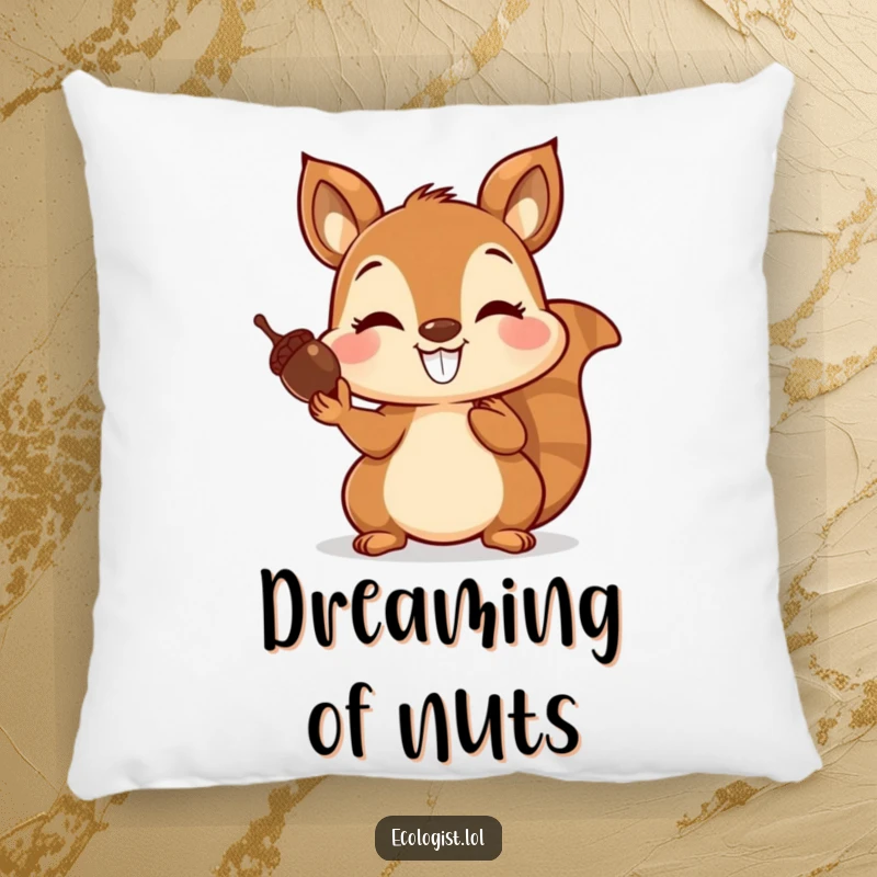 Funny pillow showcasing a joyful squirrel with a grin, balancing acorns on its nose, perfect for adding a touch of whimsy.