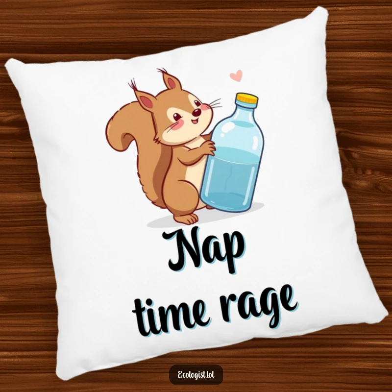 Funny squirrel wagging its tail indignantly at a discarded plastic bottle on a soft, humorous decorative pillow.