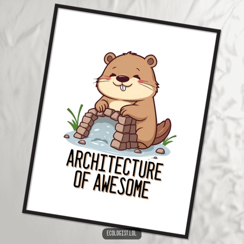 Funny digital art print of a diligent beaver with a happy, concentrated expression, building an intricate dam, symbolizing hard work.