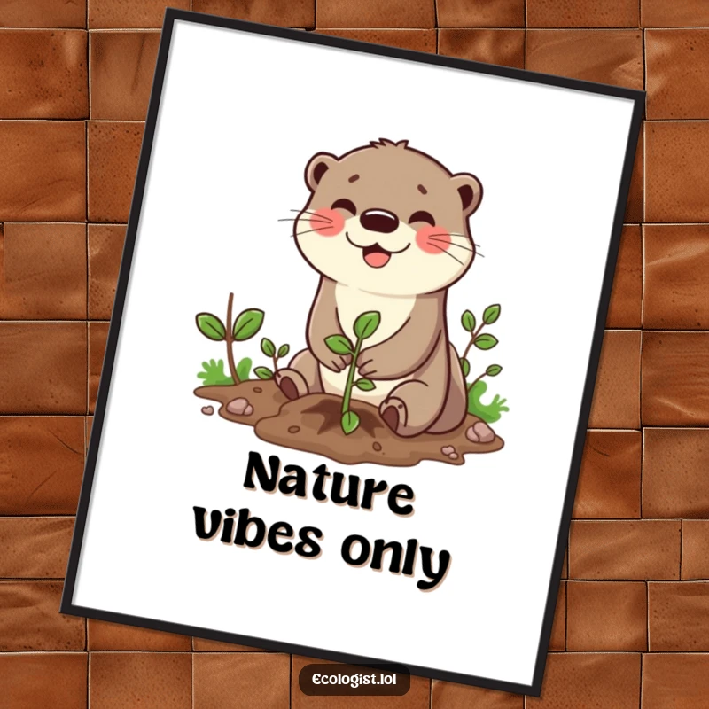 Funny digital art print of a happy otter character planting a tiny sapling, conveying a message of environmental hope and cheerfulness.