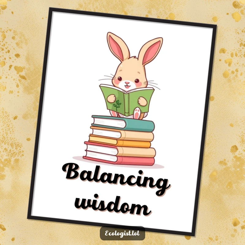 Funny rabbit balanced on stacked books, reading a plant guide; high-resolution digital art print for book lovers.
