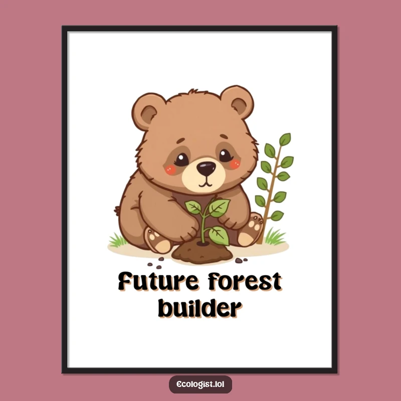 Funny Bear Cub Planting Sapling Digital Art: Hilarious Nature Decor