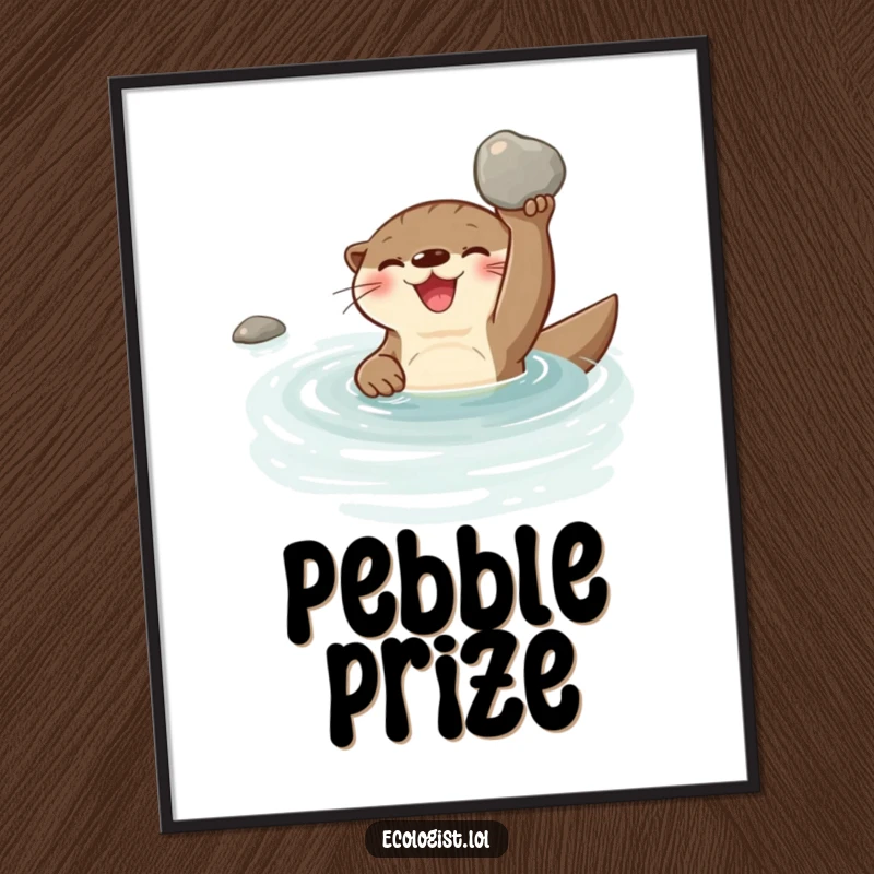 Funny joyful otter swimming in a clear stream, holding a shiny clean pebble; high-resolution digital art print.