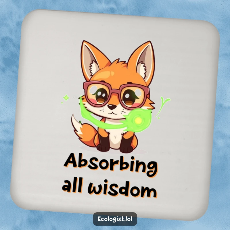 Funny drink coaster with a curious fox wearing large glasses, intently observing swirling green energy, adding a touch of mystery.