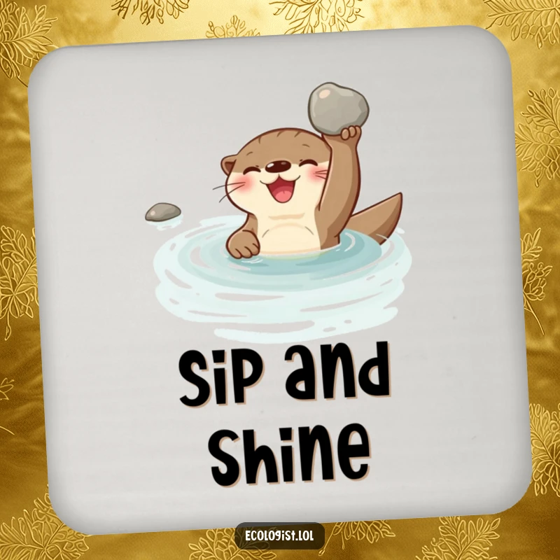 Funny joyful otter swimming in a clear stream, holding a shiny clean pebble on a drink coaster, adding serene humor.