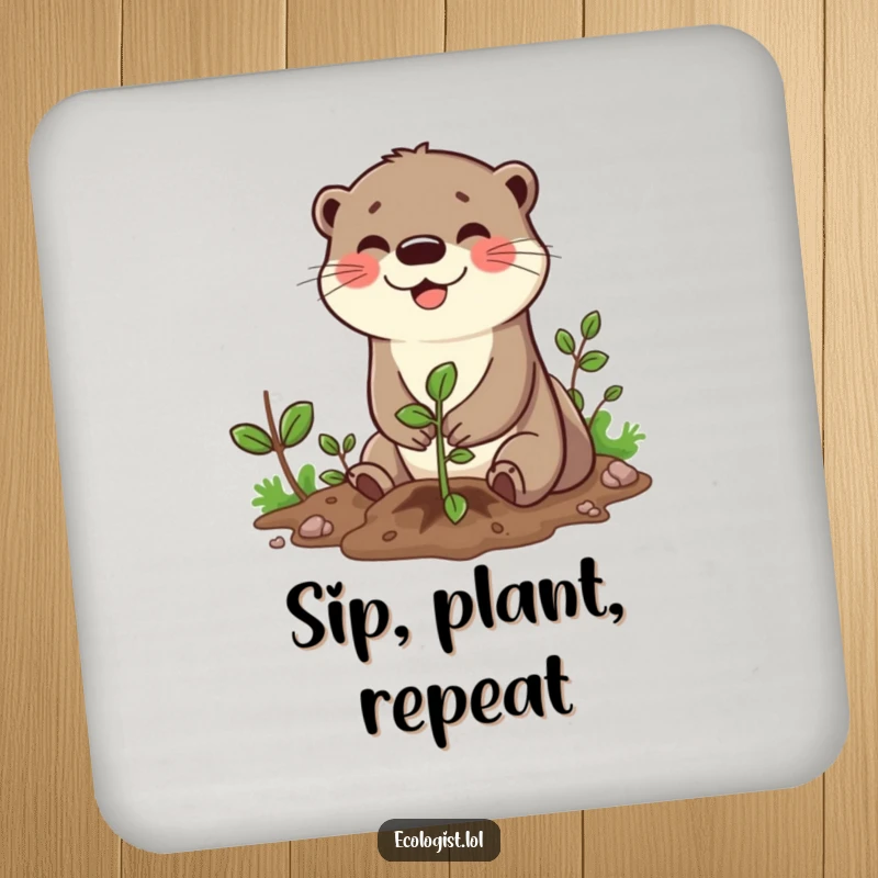 Funny drink coaster depicting a cheerful otter character planting a sapling, adding a touch of nature's joy to beverage service.