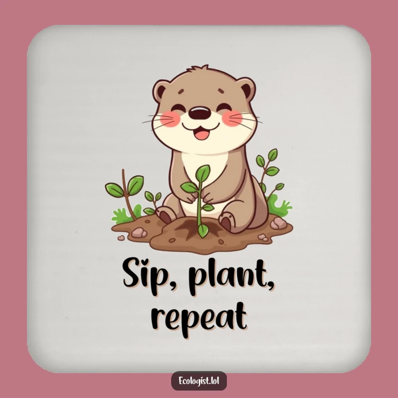 Funny Otter Planting Sapling Drink Coaster: Protect Surfaces with Nature's Cheerful Vibe