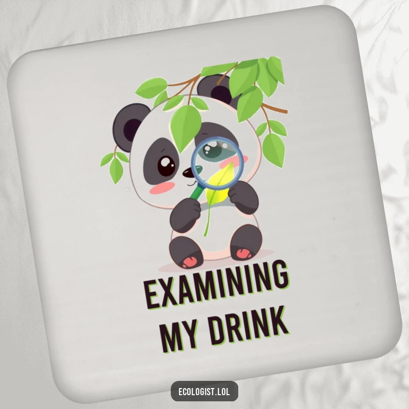 Funny panda coaster showing a cute character examining a glowing leaf with a magnifying glass with curiosity, protecting surfaces with humor.