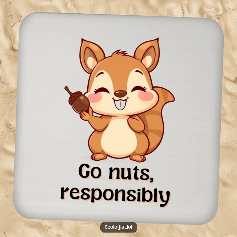 Funny drink coaster depicting a joyful squirrel with a grin, balancing acorns on its nose, adding a touch of playful fun.