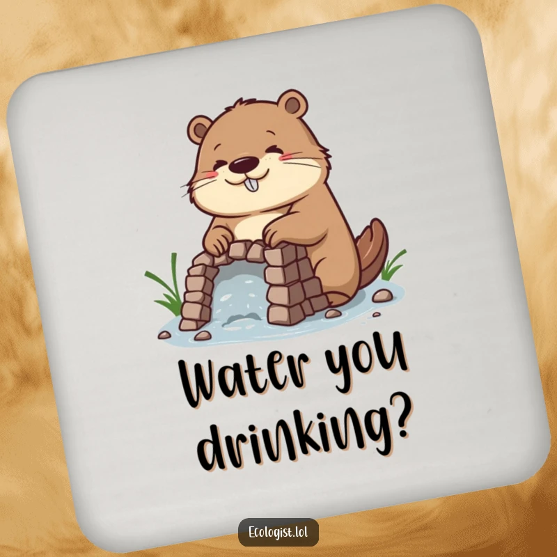Funny drink coaster depicting a diligent beaver with a concentrated, happy expression, building an intricate dam, adding a touch of industry.