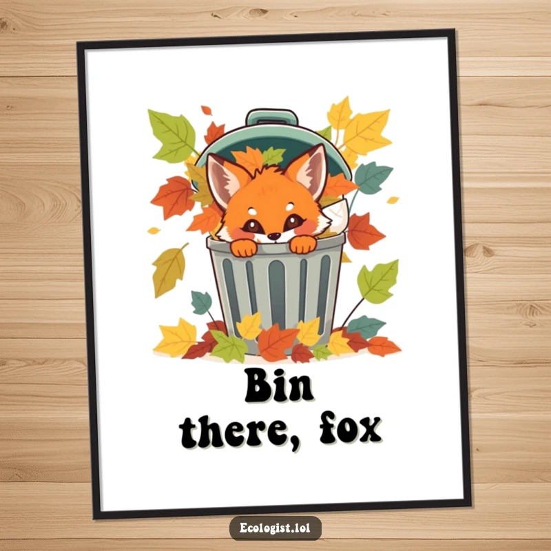 Funny fox cub peeking behind a recycling bin full of vibrant leaves, a whimsical poster for nature lovers.