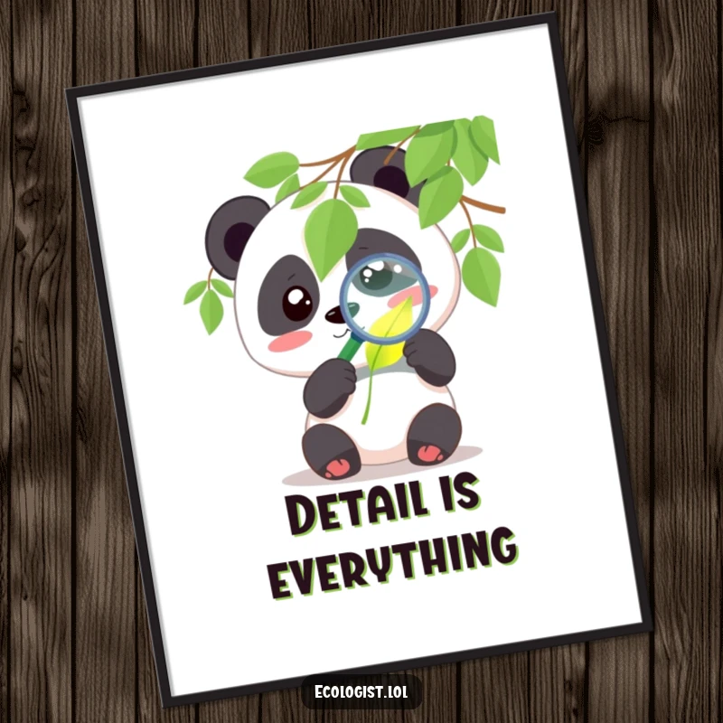 Funny panda poster showing a cute character examining a glowing leaf with a magnifying glass with curiosity, ideal for humorous wall art decor.