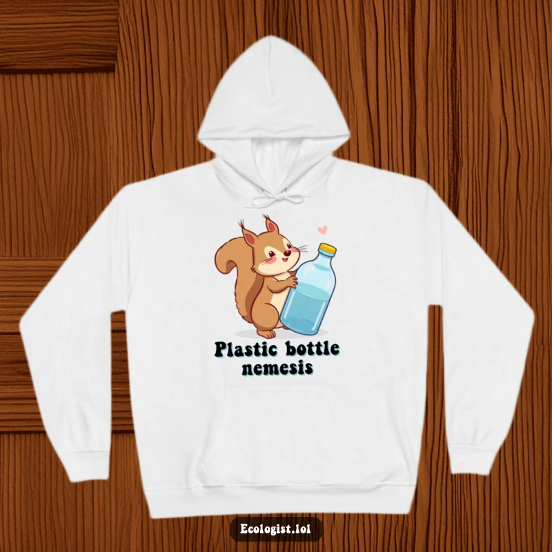 Funny squirrel wagging its tail indignantly at a discarded plastic bottle, featured on a warm, comfortable hoodie.
