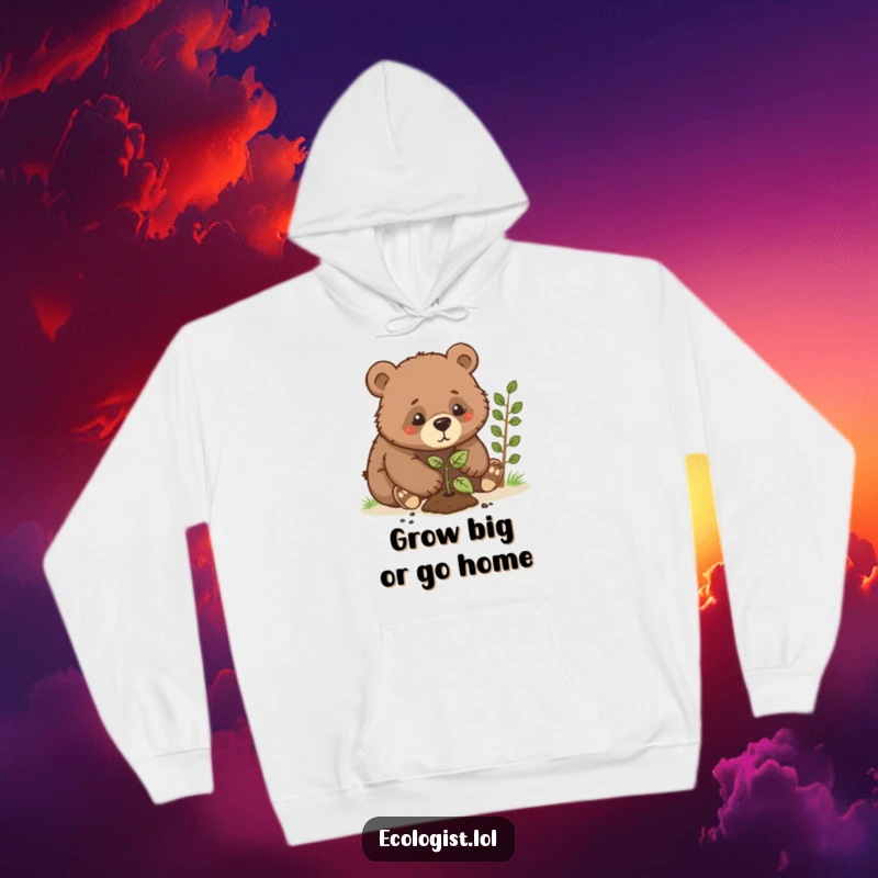 Funny bear cub hoodie, a focused cub planting a sapling, looking determined and cute, bringing a smile with its humorous effort.