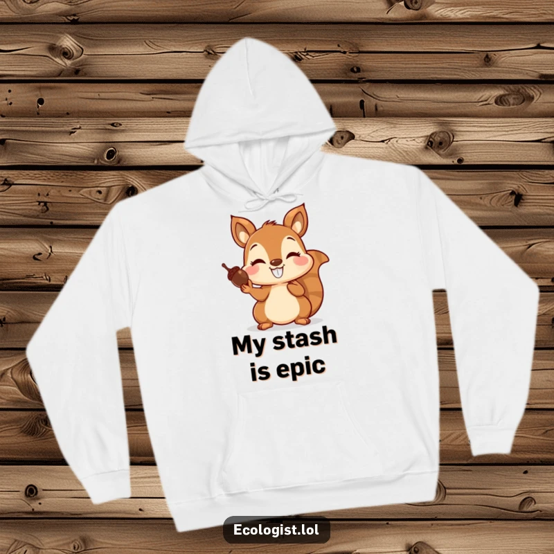 Funny hoodie featuring a joyful squirrel with a big grin, balancing a pile of acorns on its nose, perfect for cozying up.
