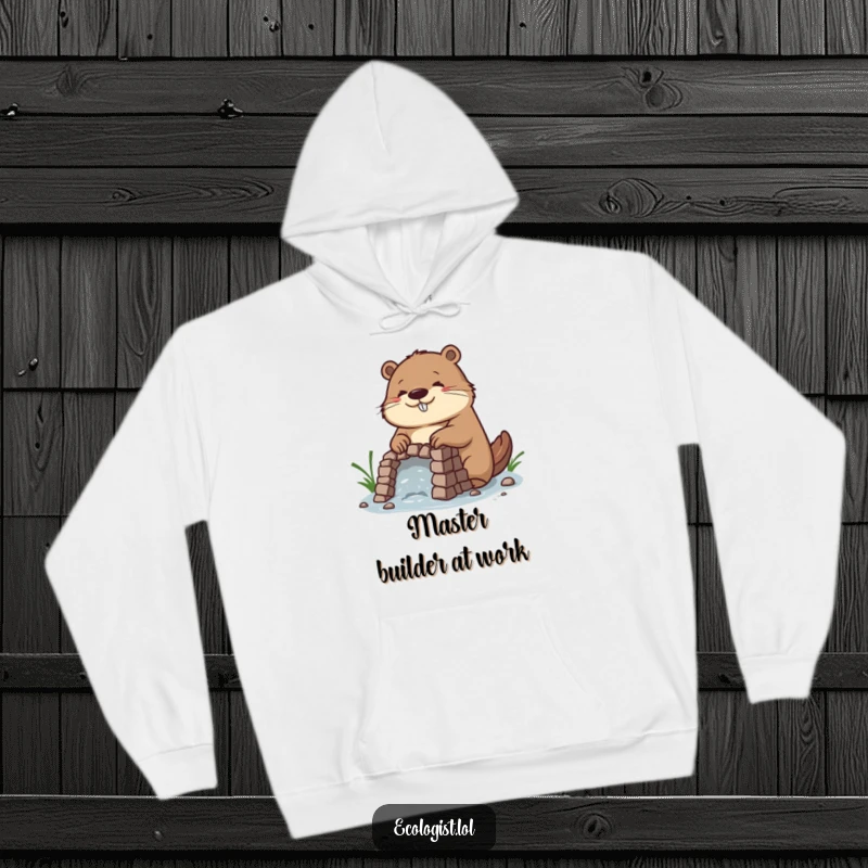 Funny hoodie featuring a diligent beaver with a concentrated yet happy look, building an intricate dam, perfect for cozy focus.