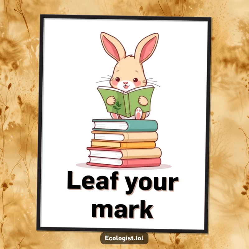 Funny Free Printable Wall Art: Curious rabbit balancing on books, reading a plant identification guide, a charming scene of learning.