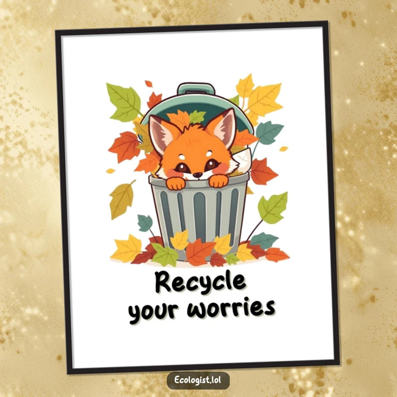 Funny Free Printable Wall Art: Mischievous fox cub peeking from behind a leaf-filled recycling bin, a scene of playful curiosity.