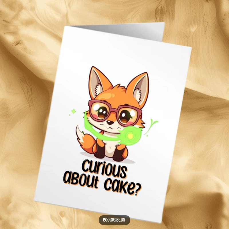 Funny Free Printable Birthday Card: Curious fox in oversized glasses peering at green energy, a quirky downloadable gift for birthdays.