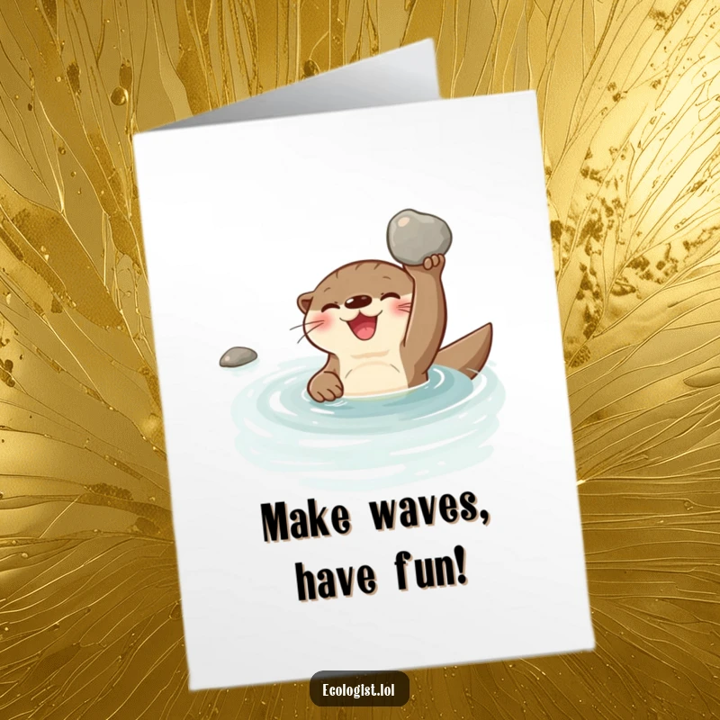 Funny Free Printable Birthday Card: Joyful otter swimming, holding up a shiny pebble, wishing a wonderfully bright birthday.