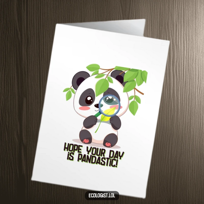 Funny Free Printable Panda Birthday Card: Cute panda using a magnifying glass to examine a glowing leaf with intense curiosity.