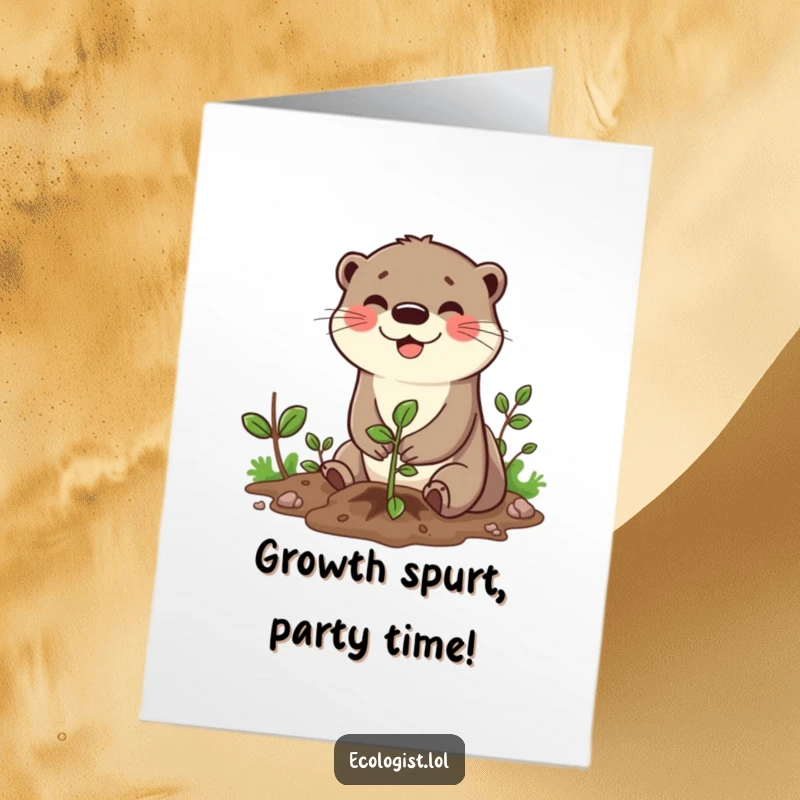 Funny Free Printable Birthday Card: Cheerful otter planting a sapling with a big smile, perfect for a funny downloadable gift.