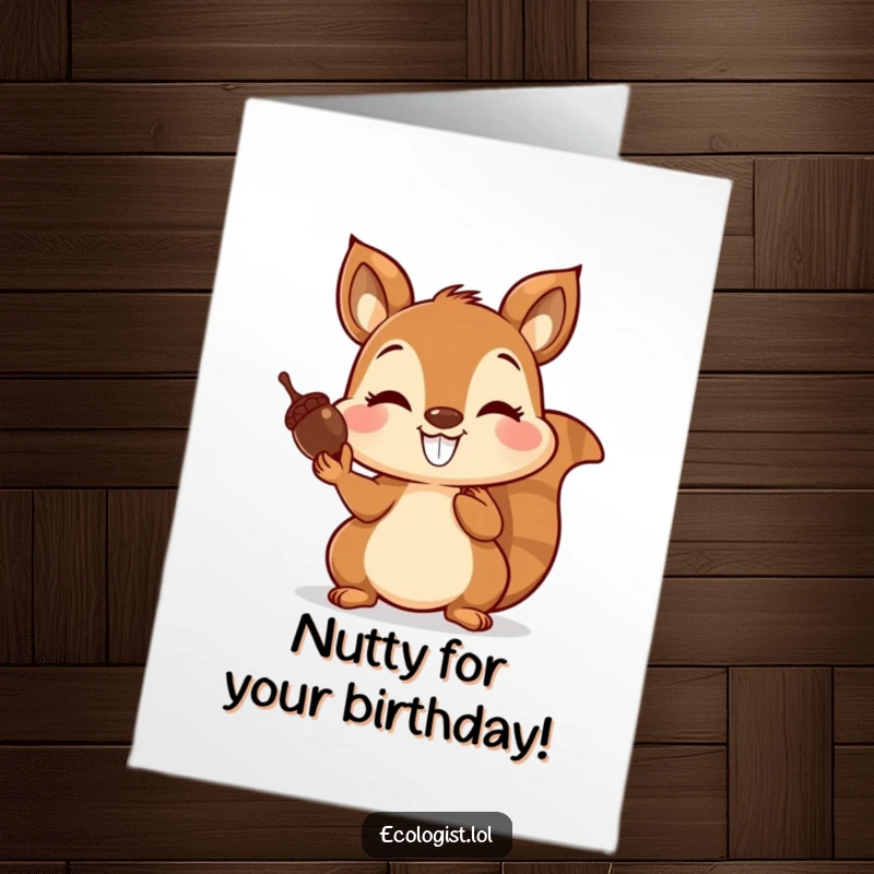 Funny Free Printable Birthday Card: Joyful squirrel balancing acorns on its nose with a grin, a playful downloadable gift.