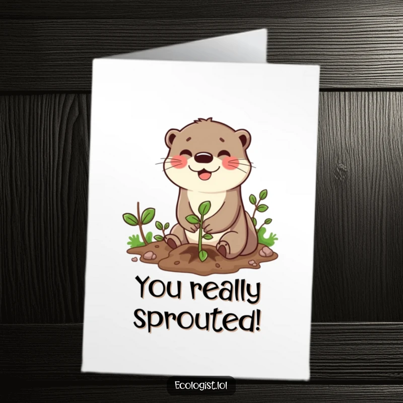 Funny Free Printable Congrats Card: Cheerful otter planting a sapling, celebrating success with a wide smile, a great downloadable gift.