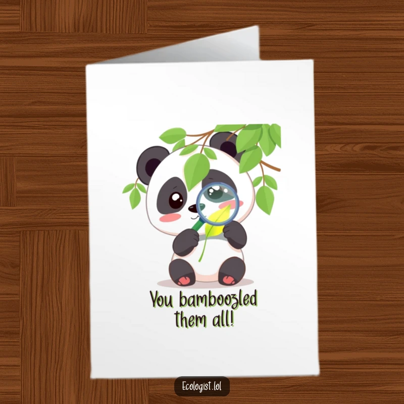 Funny Free Printable Panda Congratulations Card: Cute panda closely examining a glowing leaf with a magnifying glass, celebrating success.