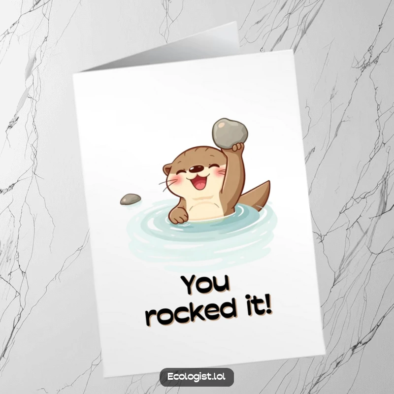 Funny Free Printable Congratulations Card: Joyful otter swimming, holding a shiny clean pebble, celebrating a brilliant success.