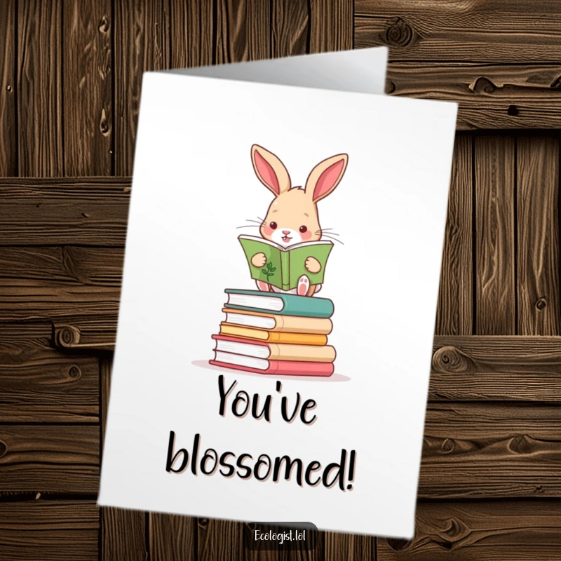 Funny Free Printable Congratulations Card: Curious rabbit on books, deeply studying a plant guide, celebrating a scholarly achievement.